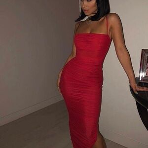House If Cb SIRENE Red Gathered Organza Mesh Dress